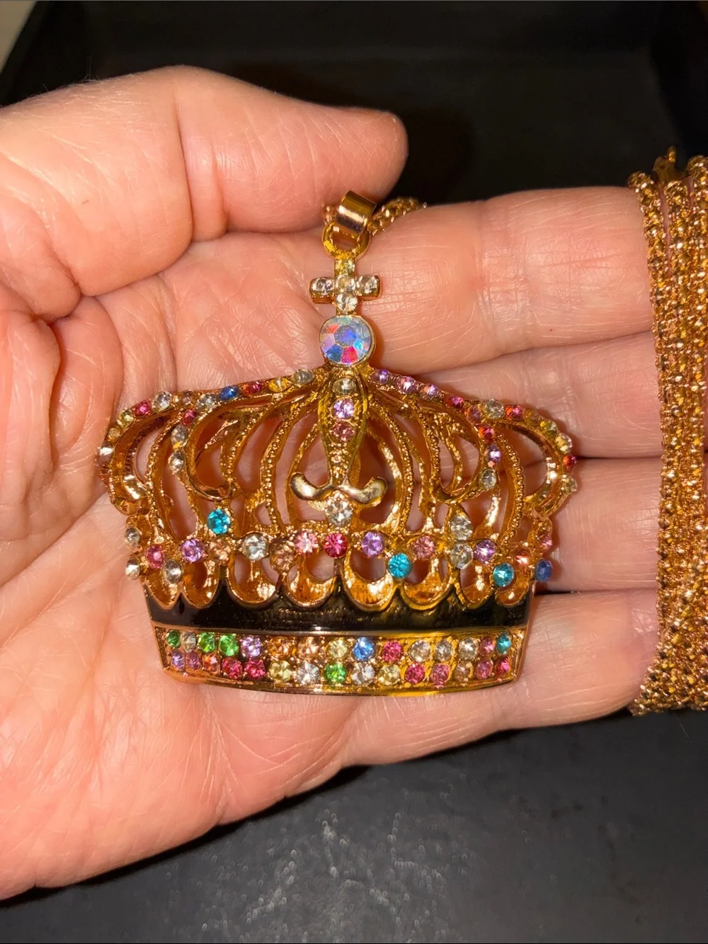 Gold Crown Pendant Necklace with Multicolor Crystals